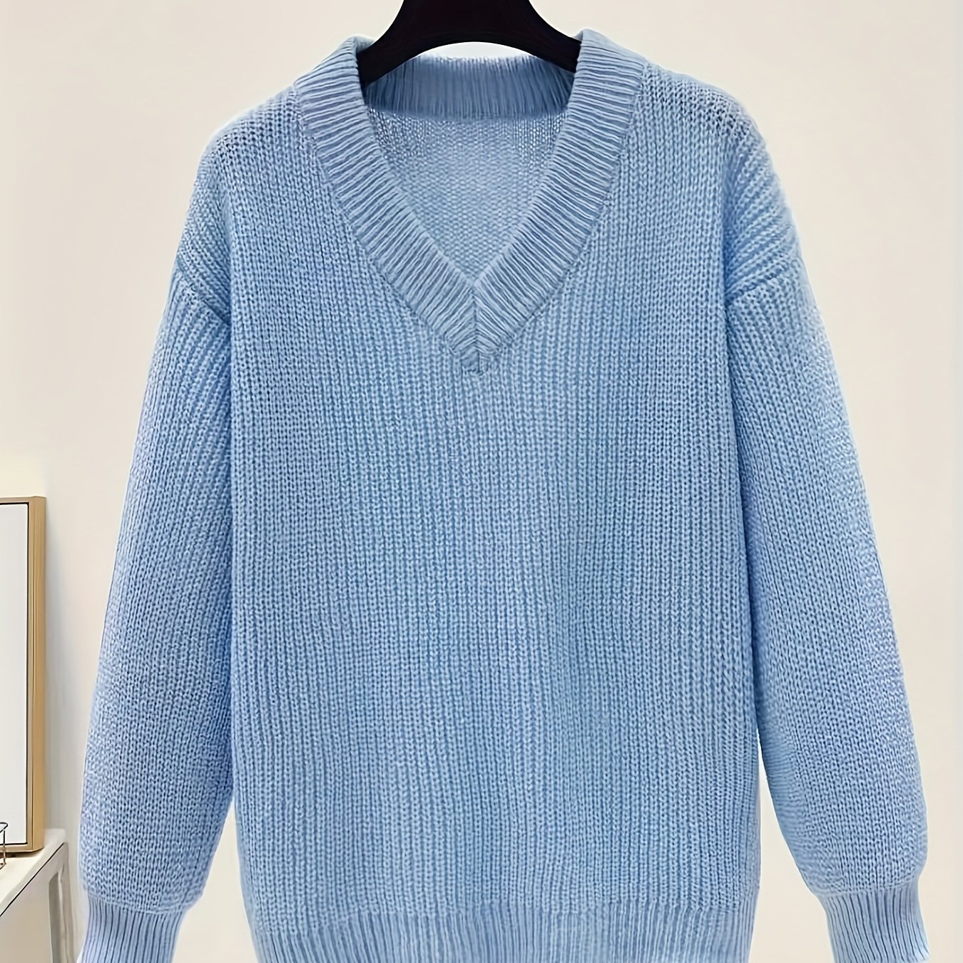 TEMU Elegancki sweter damski z dekoltem w serek - Miękki różowy sweter z długim rękawem, luźny sweter na jesień/zimę, na co dzień i na specjalne