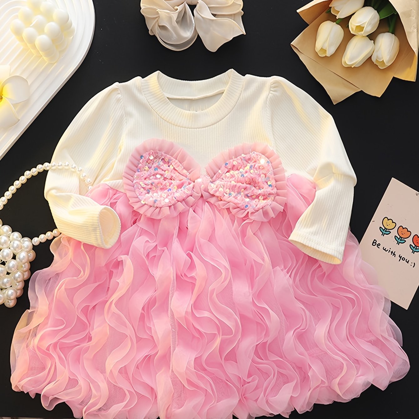 TEMU Jesienna i Zimowa Sukienka Księżniczki z Cekinami, Dekorowana Kokardą i Falbanką, Warstwowy Tutu dla Małych Dziewczynek na Urodziny lub Bal