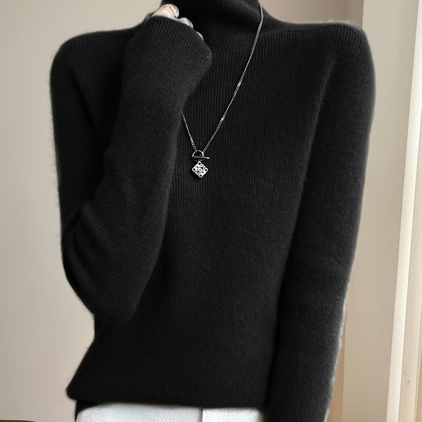 TEMU Damski Zimowy Ciepły Sweter z Wysokim Kołnierzem - Dopasowany Sweter z Kontrolą Brzucha, Rozciągliwy, Płaszczopodobny Kołnierz, Jednokolorowy