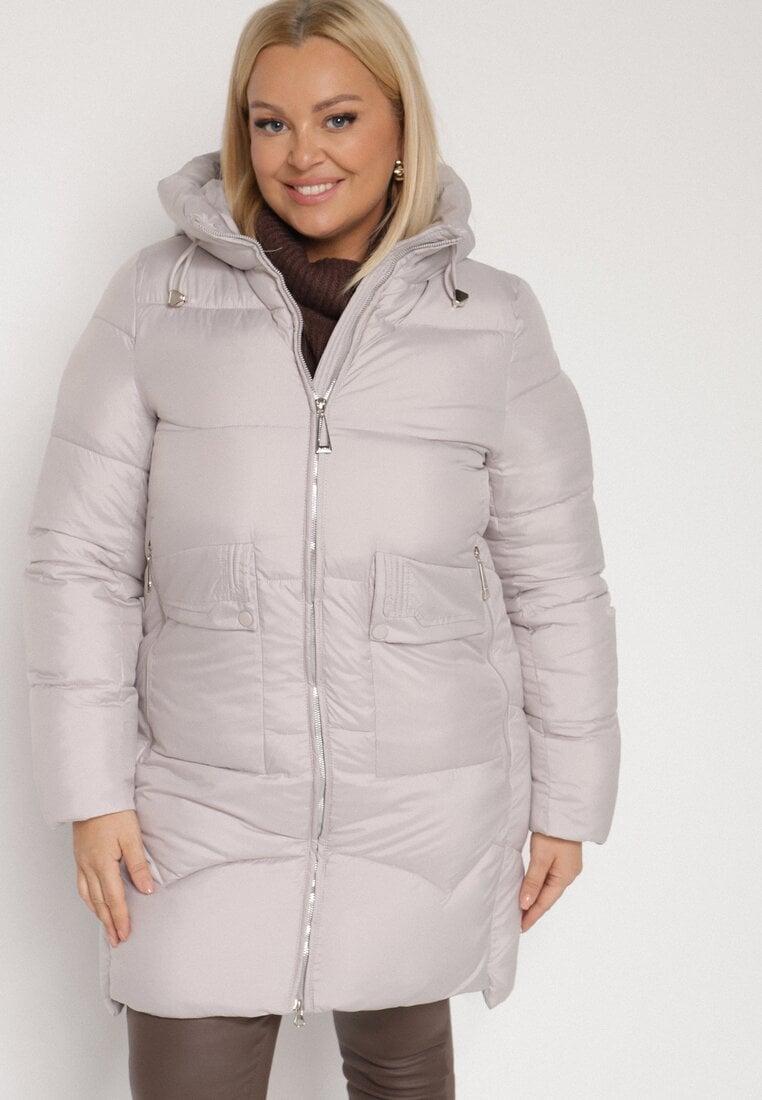 Jasnoszara Długa Pikowana Kurtka z Nieodpinanym Kapturem Mevessia