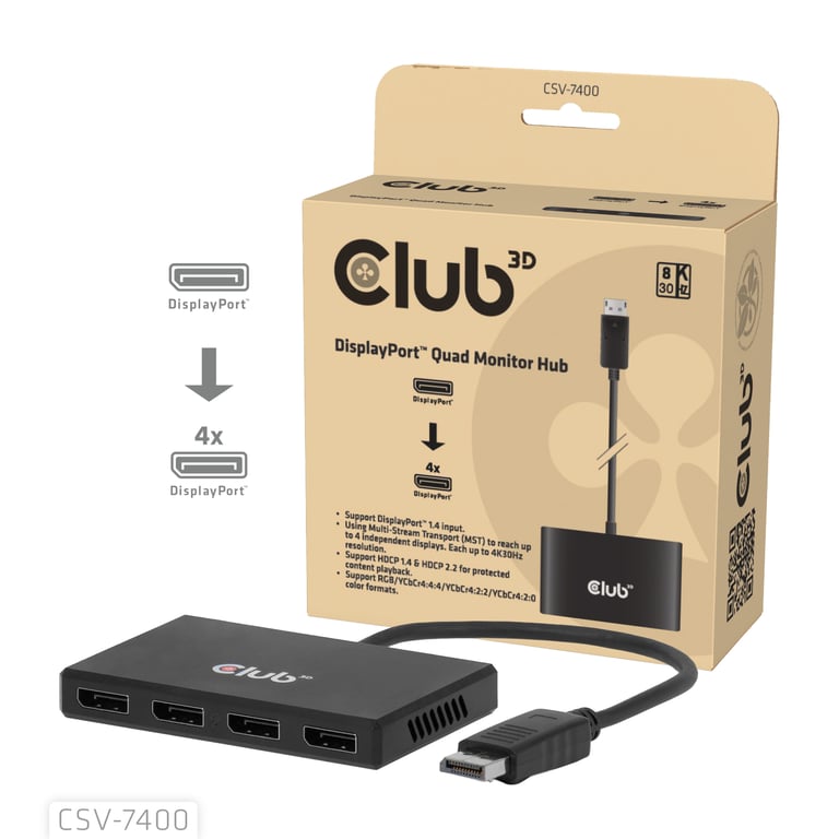 CLUB3D CSV-7400 rozgałęziacz telewizyjny DisplayPort 4x DisplayPort