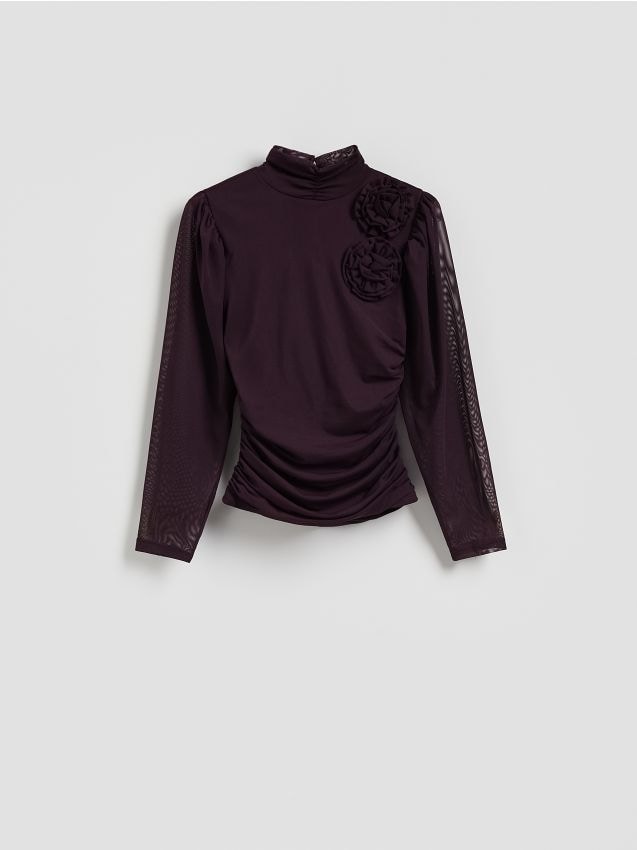 Reserved - Bluzka z kwiatową aplikacją - ciemnofioletowy
