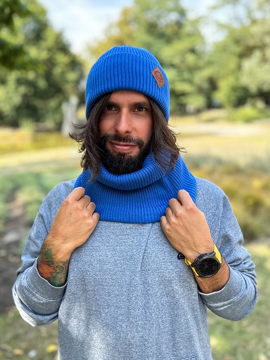 Męska bawełniana czapka beanie logo ekoskórka Niebieski Kobalt