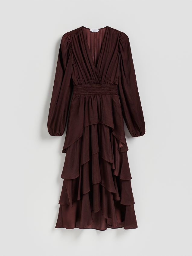 Reserved - Sukienka maxi w groszki - bordowy