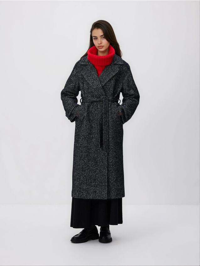 Reserved - Wiązany płaszcz z wełną - czarny