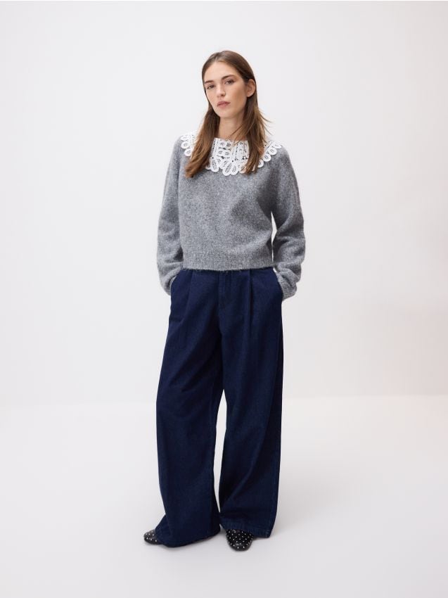 Reserved - Sweter z ozdobnym kołnierzem - szary