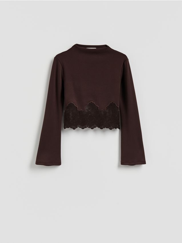 Reserved - Bluzka z koronką - ciemnobrązowy