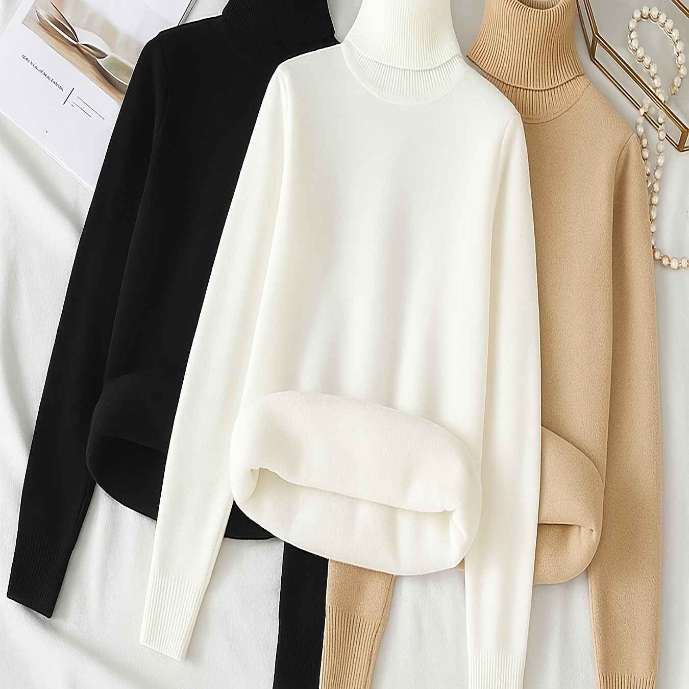 TEMU 3 szt., Damski Sweter z Wysokim Kołnierzem, Gruba Podszewka i Pluszowy Materiał na Jesień/Zimę, Podstawy Warstwowania,Moda Zimowa,Stylowe