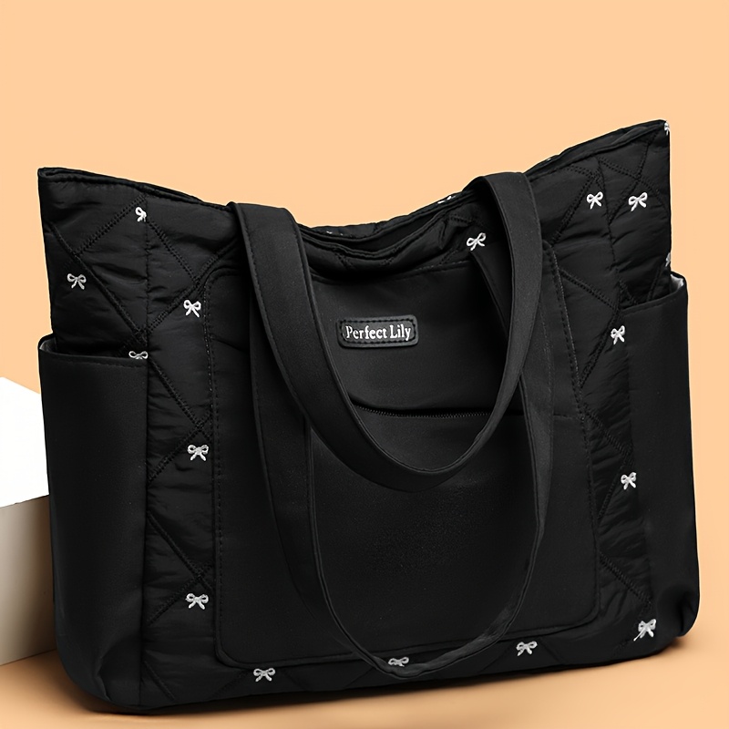 TEMU Perfect Lily Damska Torba Tote o Dużej Pojemności z Stałym Paskiem i Kieszenią na Zamek - Biała & Burgundowa Nylonka, Elementy w Kolorze Złotym,