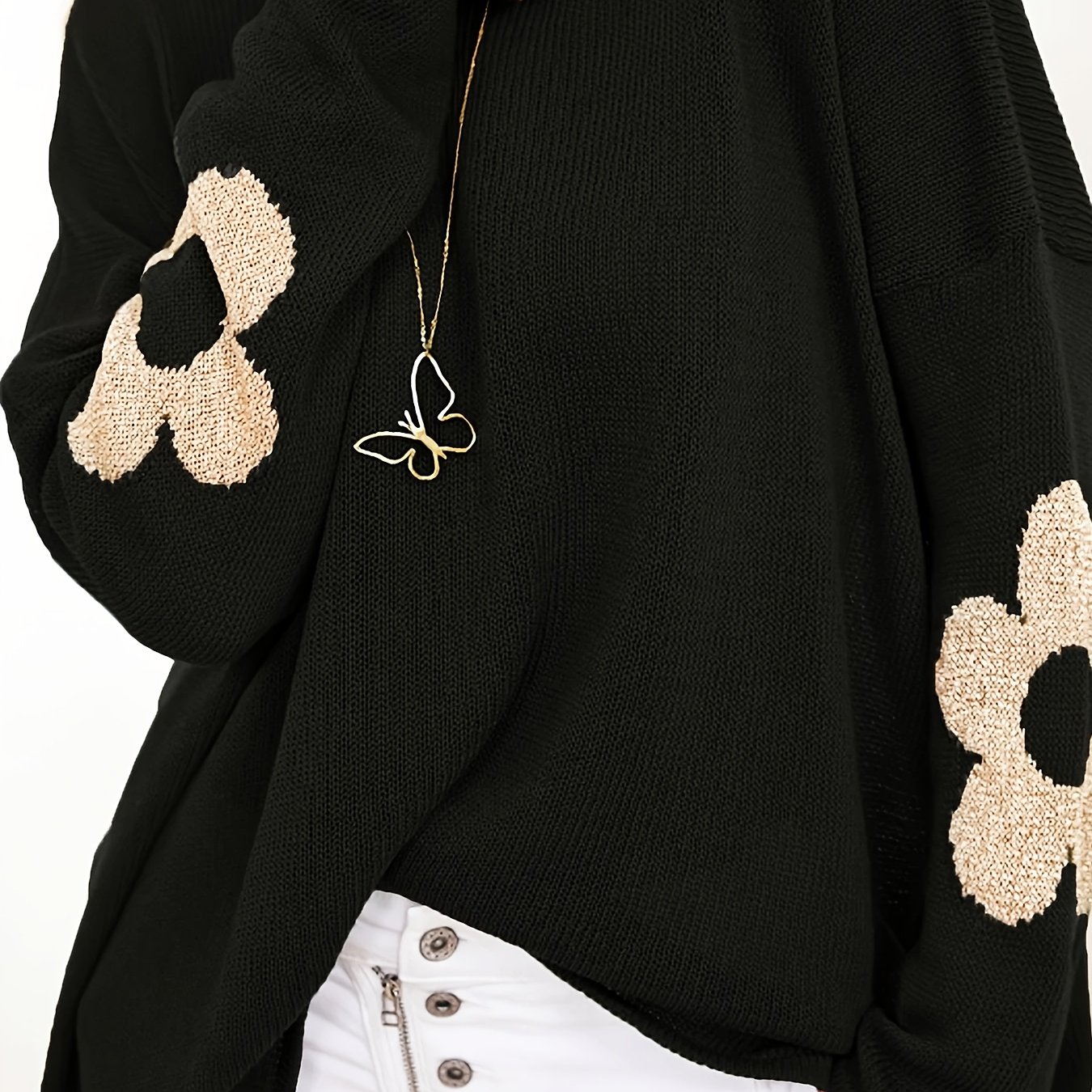 TEMU Elegancki, luźny sweter damski z długim rękawem - miękki sweter z okrągłym dekoltem i kwiatowym żakardowym wzorem, przytulny sweter na