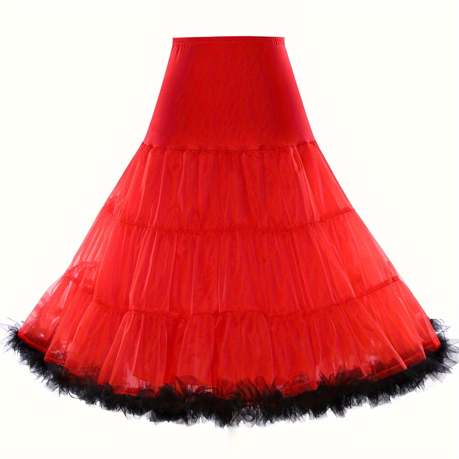 TEMU Elegancki, wysoki, baletowy krynolin z wysokim stanem dla kobiet - czerwony tul z czarnym, falbankowym wykończeniem, warstwowe falbanki i paneli