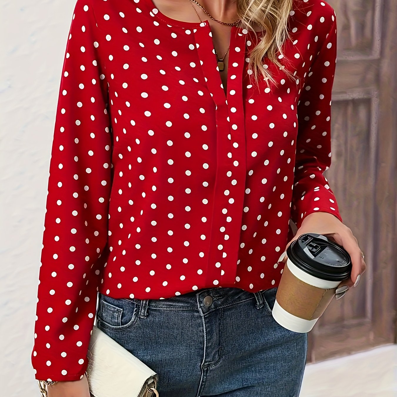 TEMU Bluzka z dekoltem w kropki, elegancka bluzka z długim rękawem na wiosnę i jesień, odzież damska