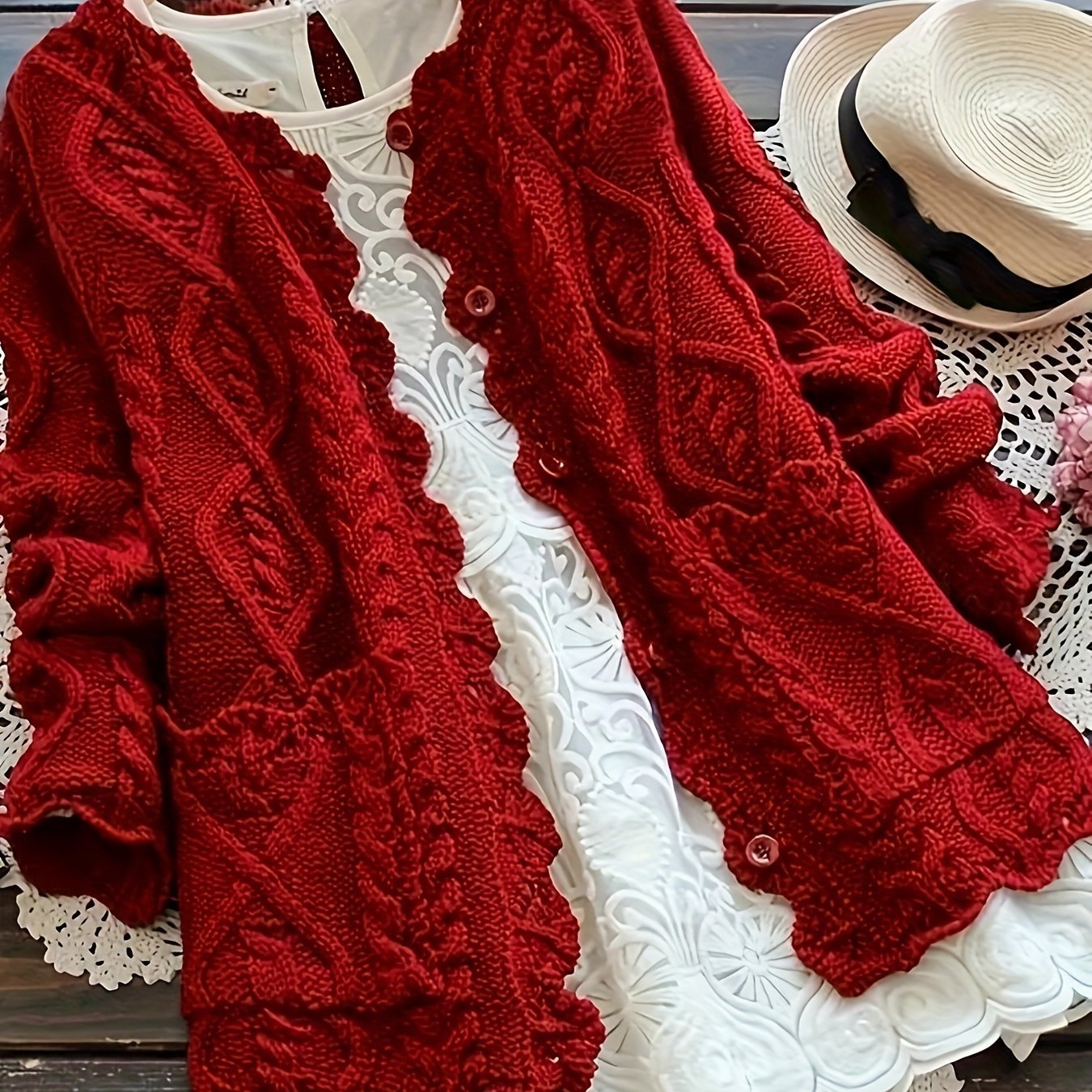 TEMU Elegancki Kardigan Damski w Kolorze Limonki z Kwiatowym Kołnierzykiem i Zapięciem na Guziki – Długi Rękaw, Sweter na Jesień/Zimę, Pranie