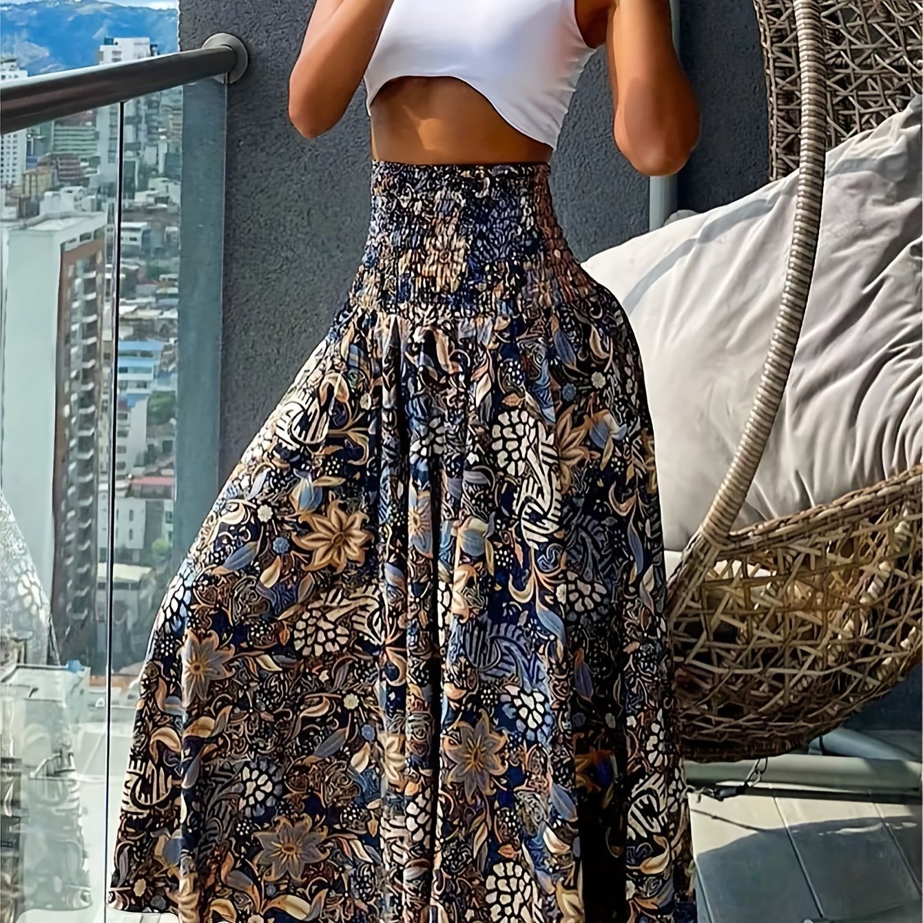 TEMU Damski Spódniczka z Plisowanym Pasem w Stylu Boho