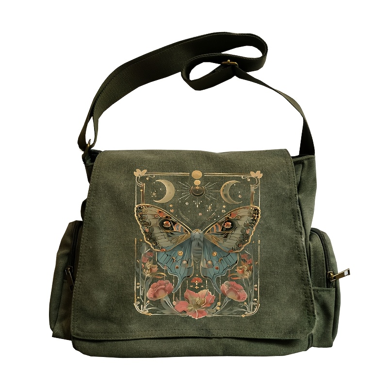 TEMU Duża Torba Tote w Stylu Vintage z Motywem Gotyckim i Nadrukiem Motyla dla Kobiet - Oliwkowo-Zielona, Regulowany Pasek do Noszenia na Ramię,