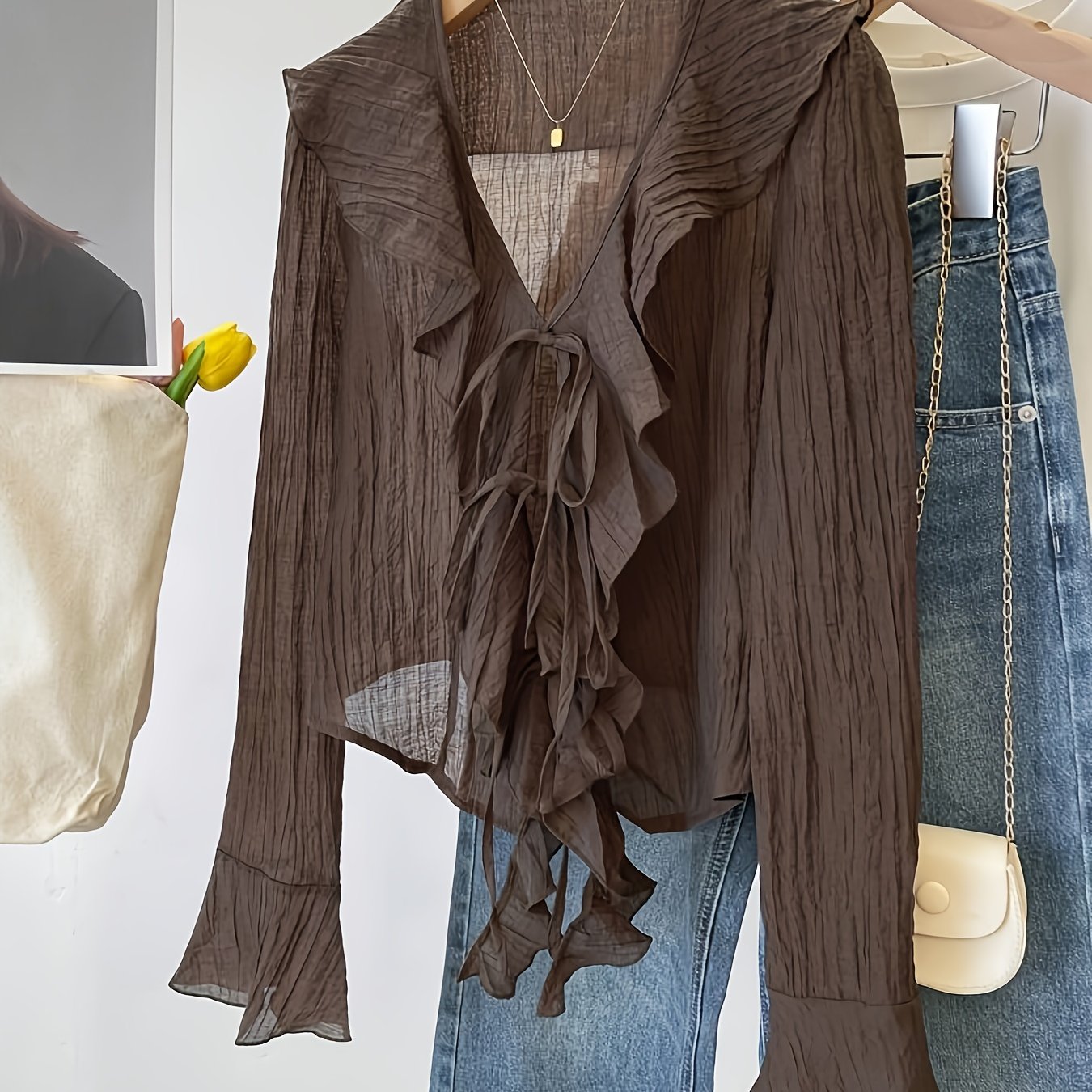 TEMU Elegancki damski kardigan z dekoltem w serek i długim rękawem - Jednolity , falbanka na dole, sznurek w pasie, moda jesień/, styl casual,