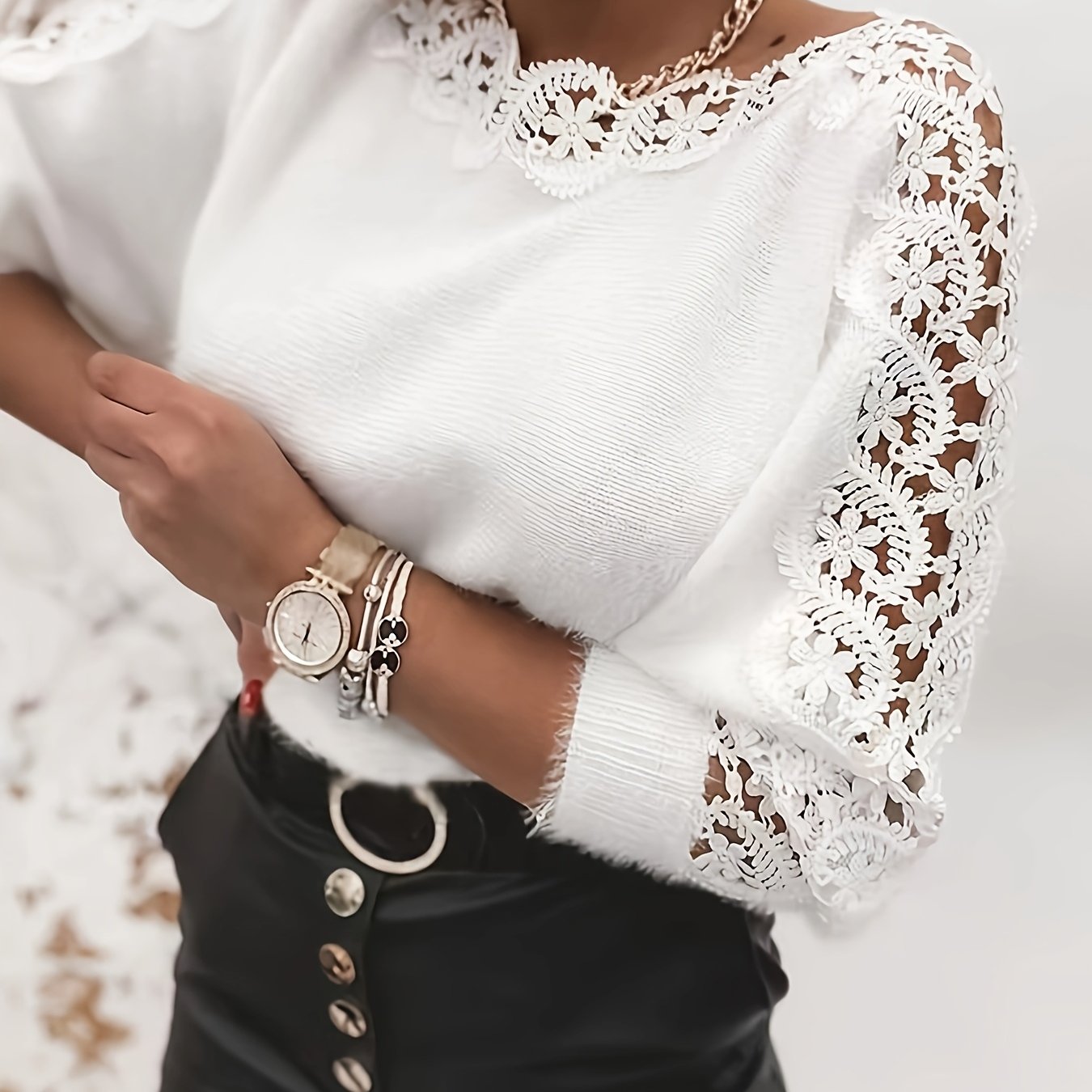 TEMU Elegancka Sukienka Sweter z Koronkowymi Rękaniami dla Kobiet - Zimowa Ciepła Długoramienne Okrągłe Wykończenie Biały Świterz Lace, Strukturalne
