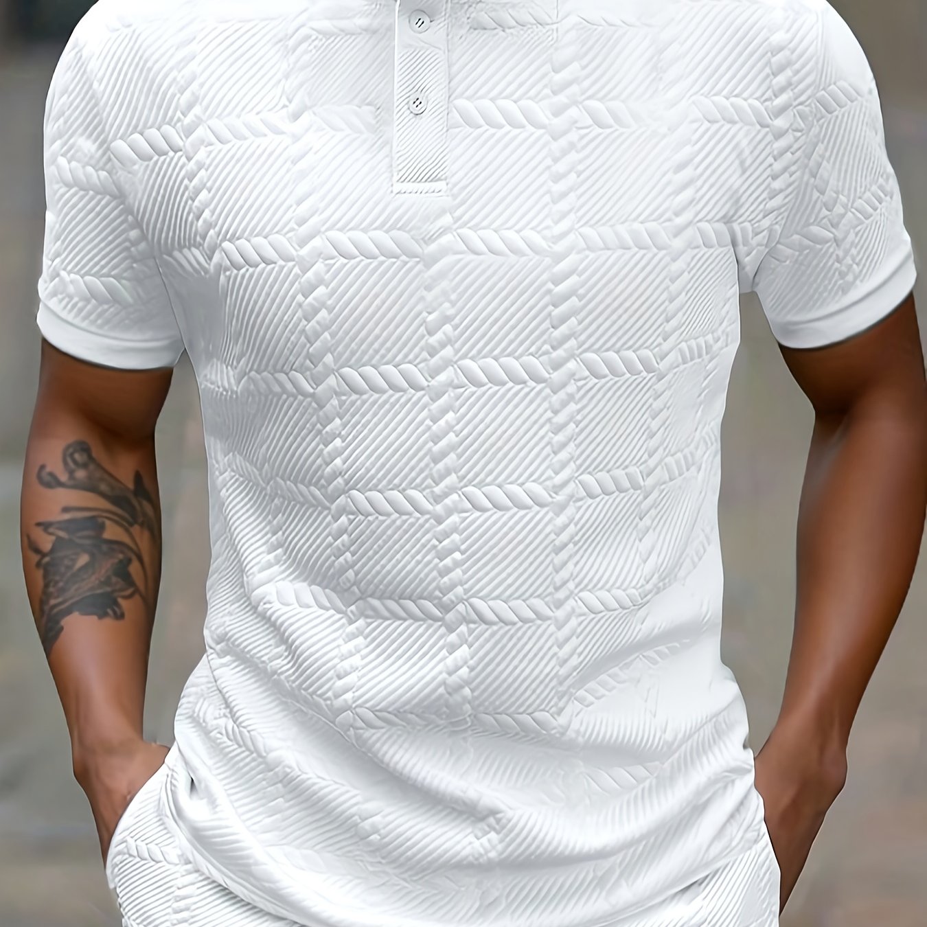 TEMU Męska letnia koszulka z krótkim rękawem - Wygodny wzór w kratę z żakardu, okrągły dekolt z detalami na guziki, idealna do noszenia na co dzień