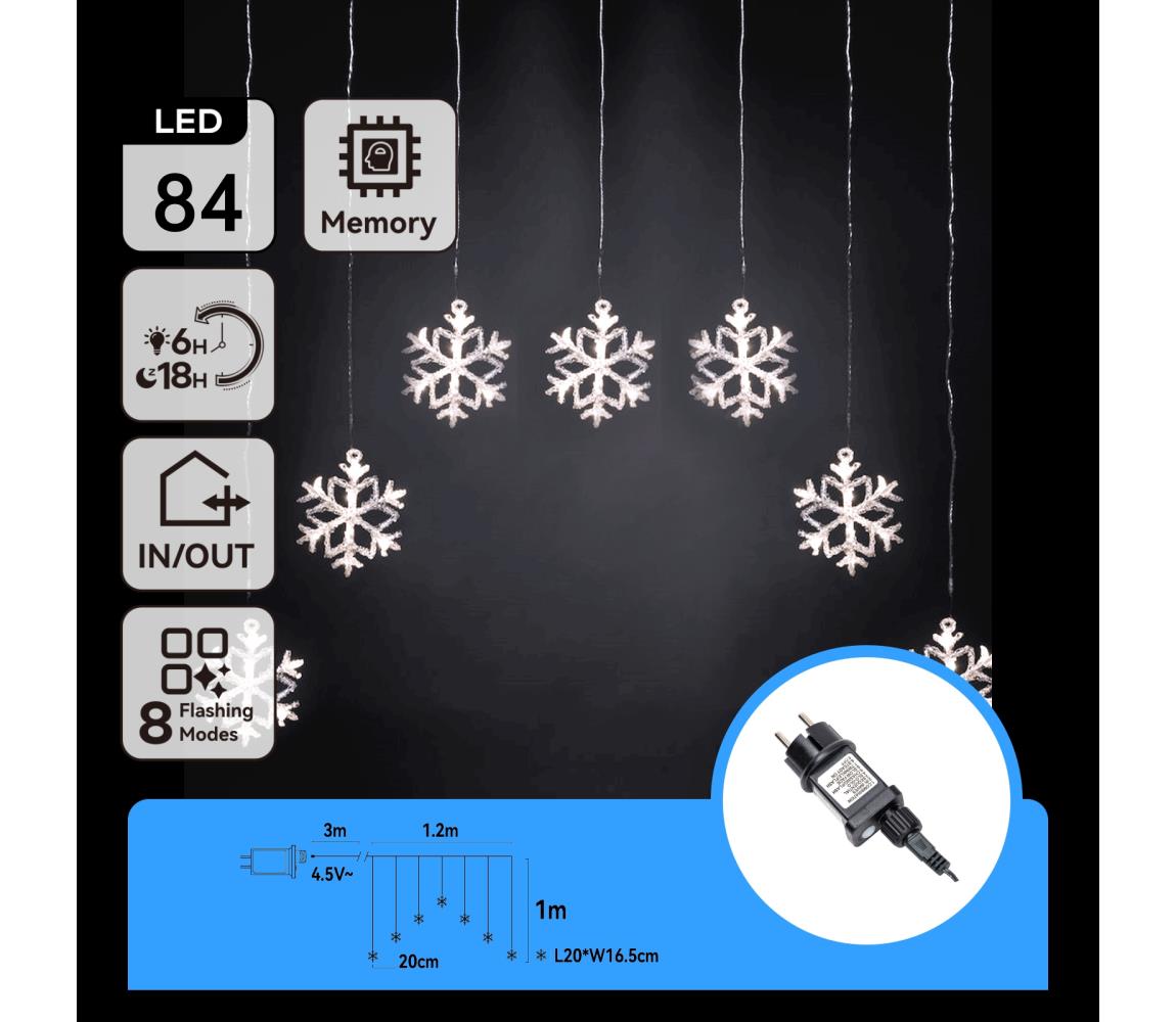 Aigostar - LED zewnętrzny łańcuch świąteczny 70 diod LED/8 funkcji 1,2x1m IP44 zimna biel płatki śniegu
