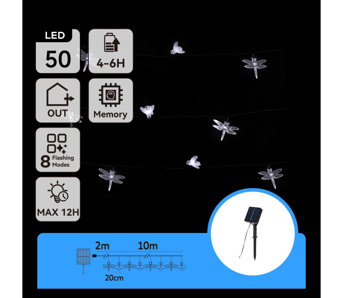 Aigostar - Solarny dekoracyjny łańcuch LED, 50x LED, 8 funkcji, 10 m, 800 mAh, IP65, zimna biel