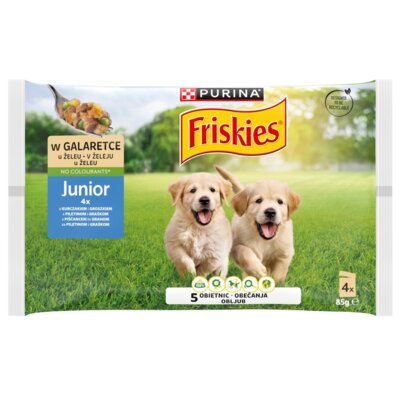 Karma dla psa FRISKIES Junior w galaretce z kurczakiem i groszkiem 4 x 85 g