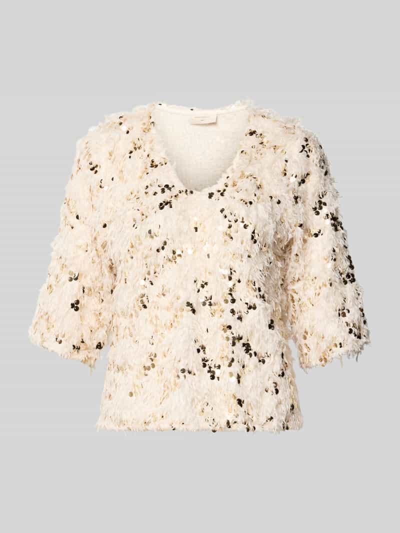 T-shirt z piórkami i cekinami model ‘NOLLA’