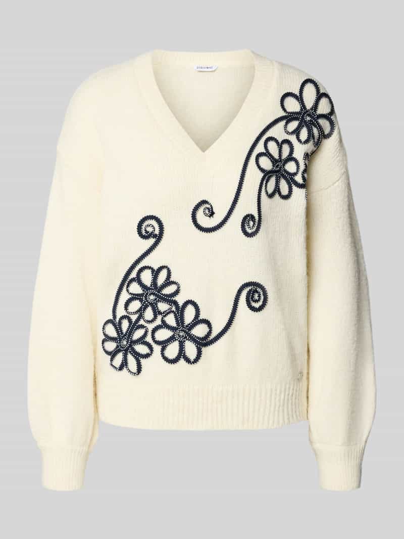 Sweter z dzianiny z dekoltem w serek i haftami model ‘El44in’