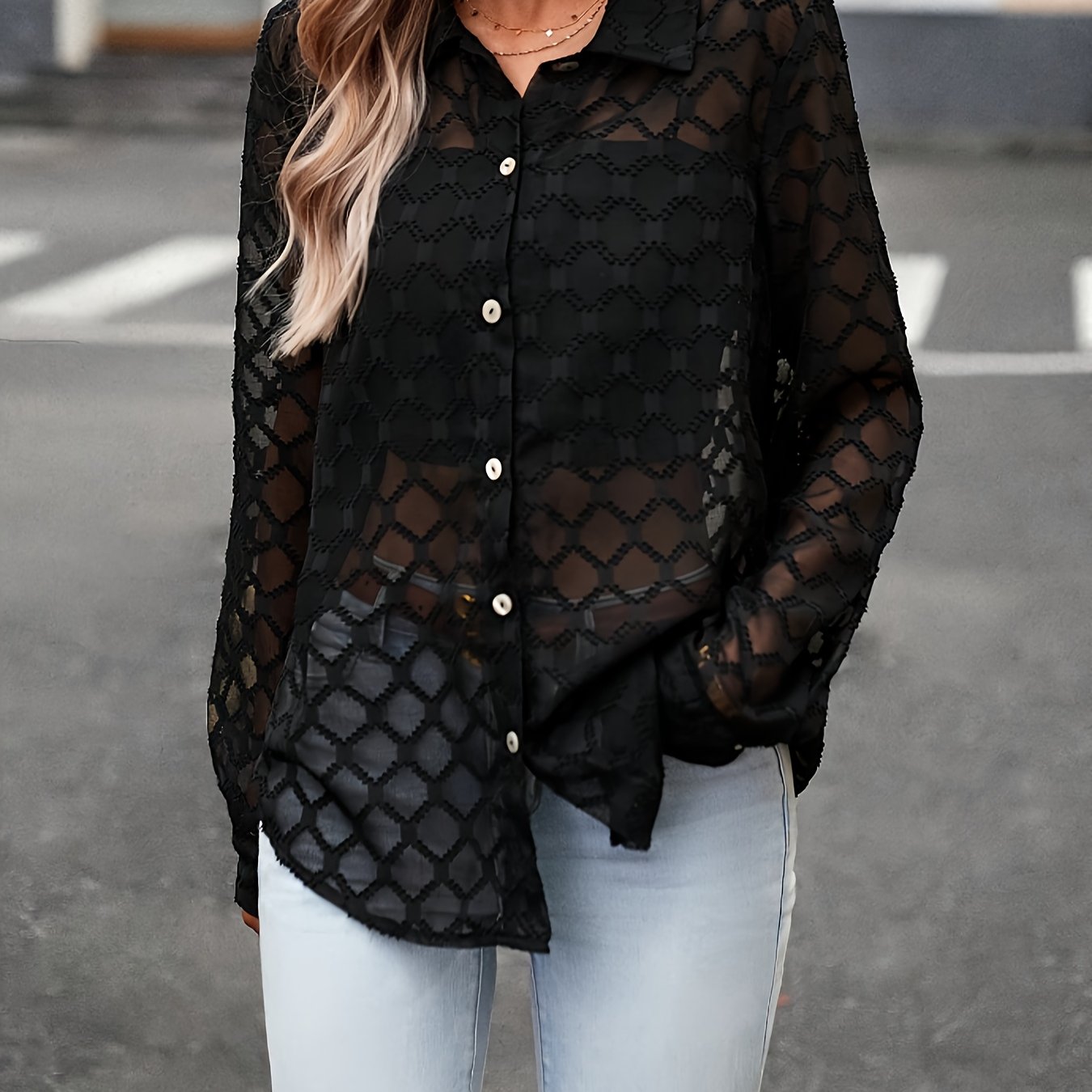 TEMU ASD1 Elegancka, Przezroczysta Bluzka Damska - Półprzezroczysta Koszula z Długim Rękawem i Geometrycznym Wzorem, Luźna Bluzka z Okrągłym Dekoltem