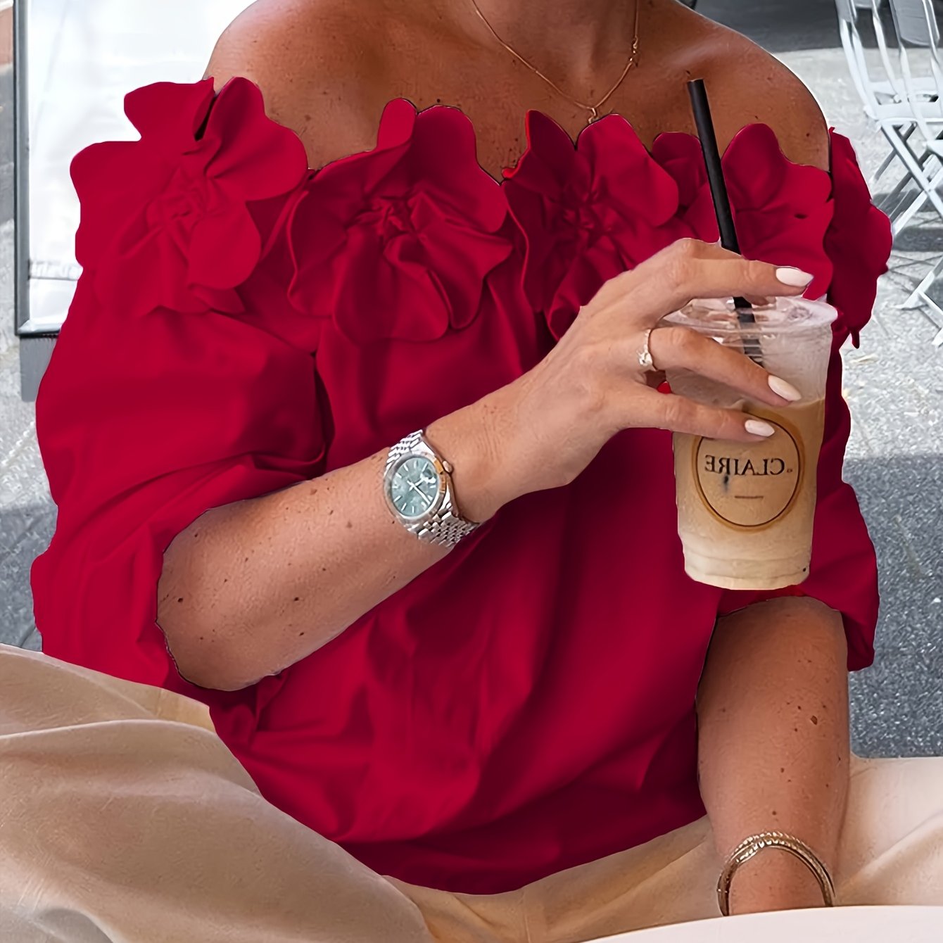 TEMU Damska Bluzka z Odkrytymi Ramionami i Dekoltem Łódka - 3D Falbanka Krótki Rękaw Luźny Krój Biała Koszula Kurtka, Eleganckie Topy na Wiosnę i na