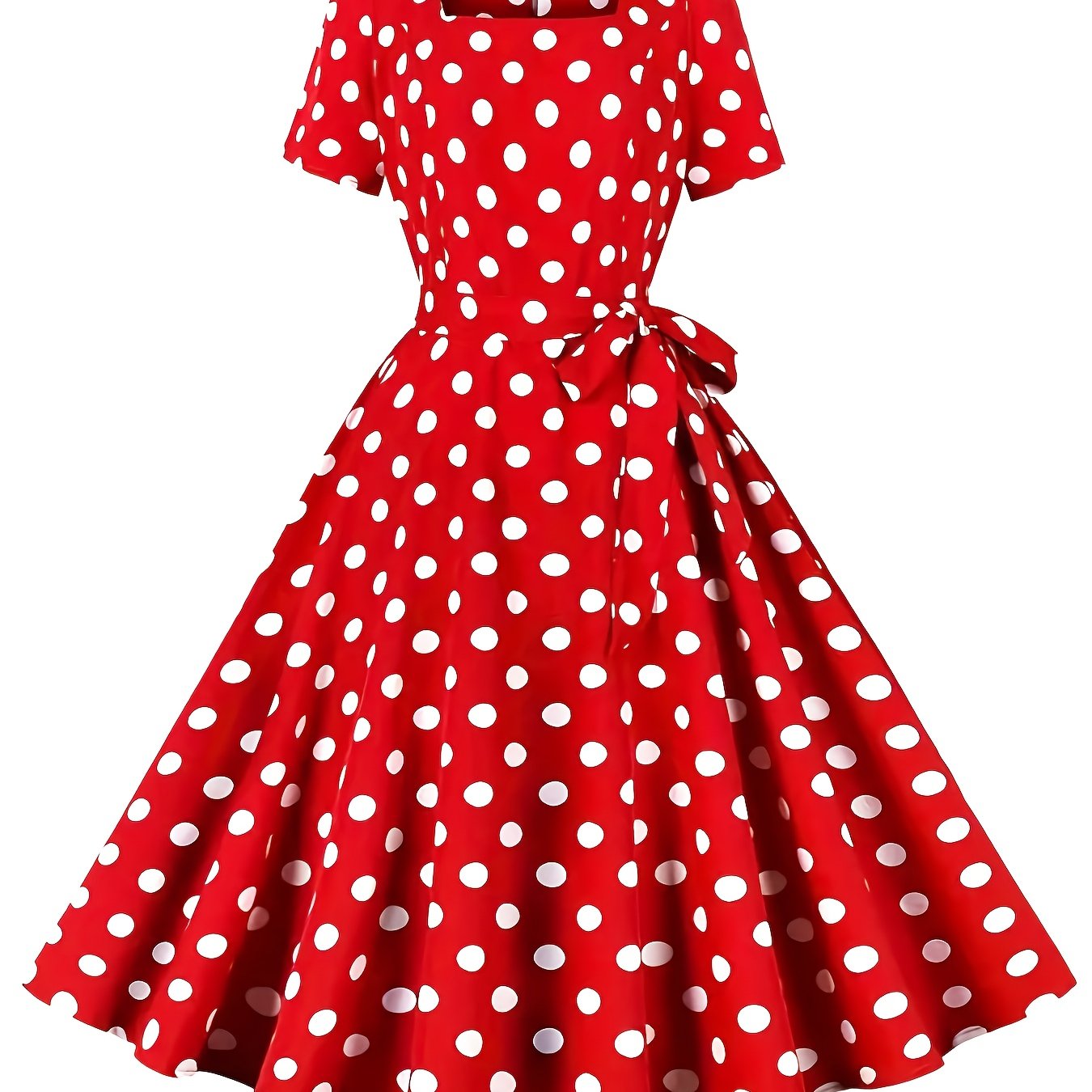 TEMU Vintage polka dot A-line sukienka dla kobiet - kwadratowy dekolt krótki rękaw sukienka na imprezę z falbanką, czerwono-białe wzór w kratkę,