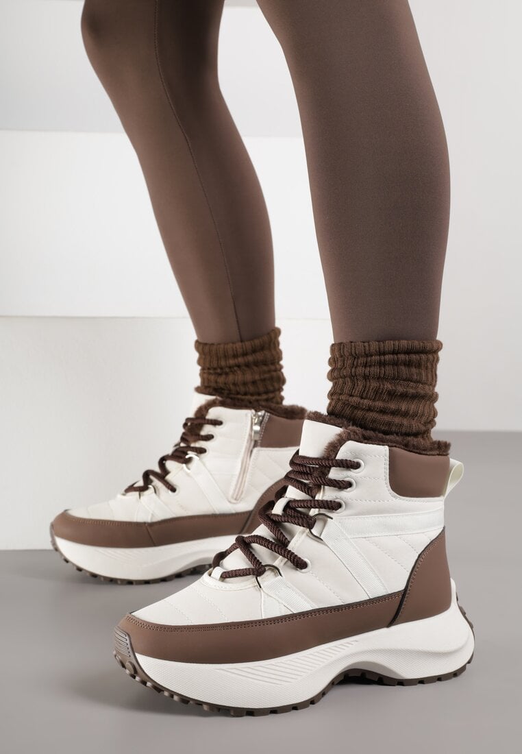 Beżowo-Brązowe Śniegowce na Grubej Podeszwie z Geometrycznym Wzorem Alwedea