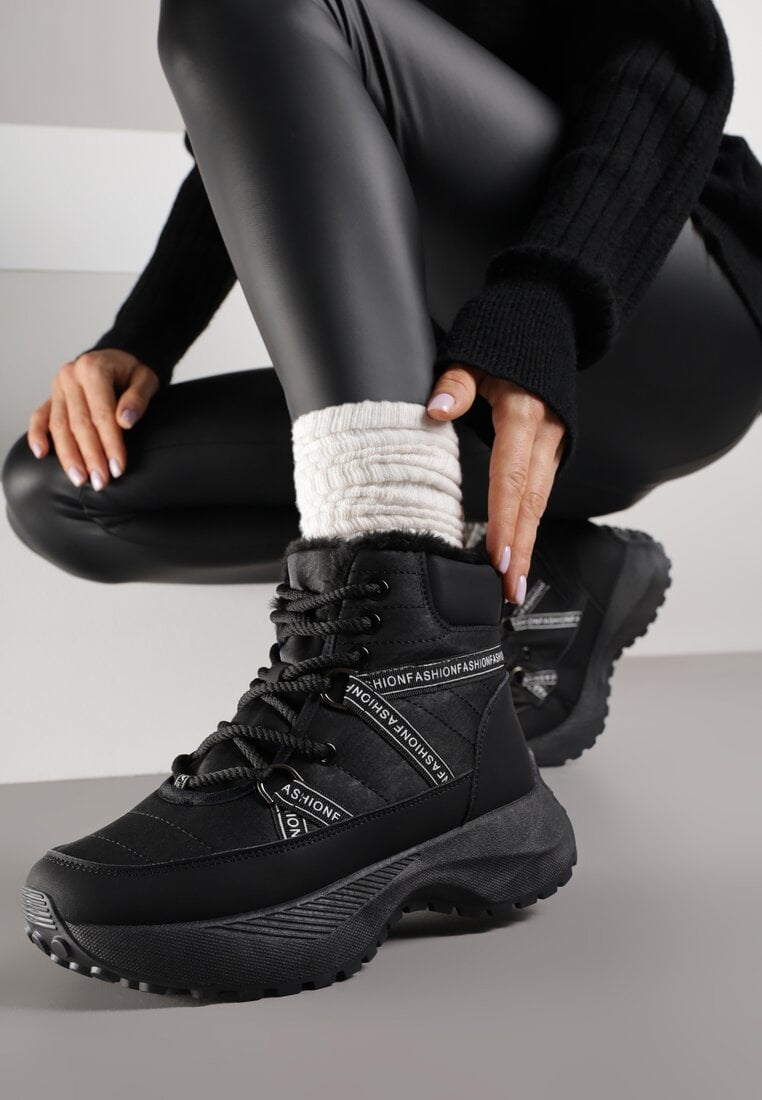 Czarne Śniegowce na Grubej Podeszwie z Geometrycznym Wzorem Alwedea