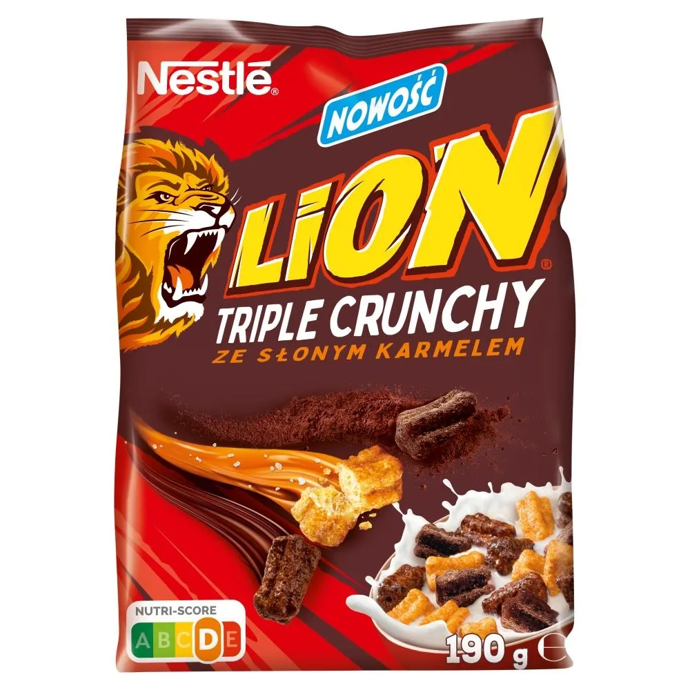 Nestlé Lion Triple Crunchy Płatki śniadaniowe ze słonym karmelem 190 g