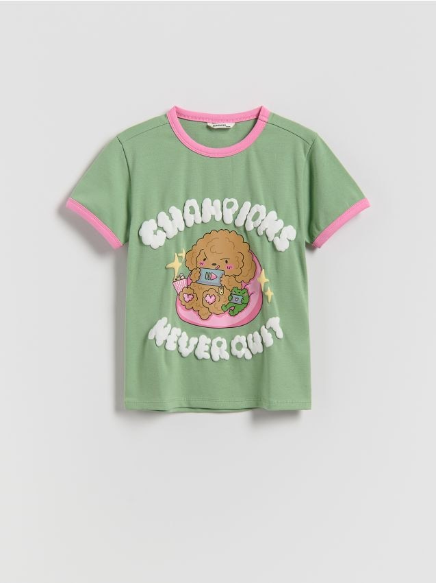 Reserved - Bawełniany t-shirt z nadrukiem - oliwkowy