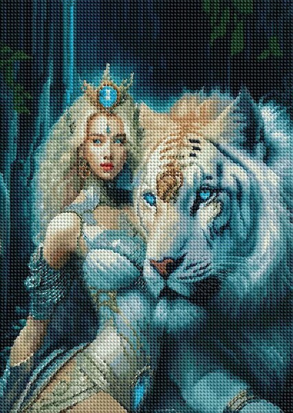 Diamentowa mozaika - Kobieta, szafirowa Królowa i biały tygrys 2000693
