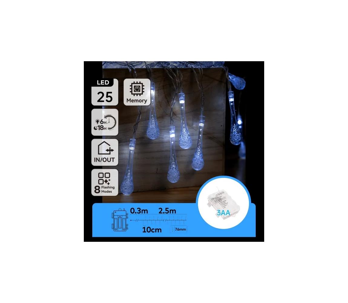 Aigostar - Zewnętrzny świąteczny łańcuch LED 25xLED/8 trybów 3xAA 2,5m IP44 zimna biel krople