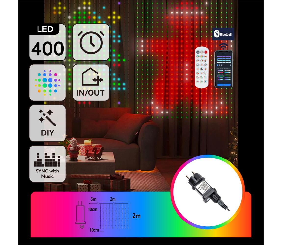 Aigostar - Girlanda LED RGBY dekoracyjna, 400 diod LED, 15 W, 230 V, 2 x 2 m, IP44, z pilotem