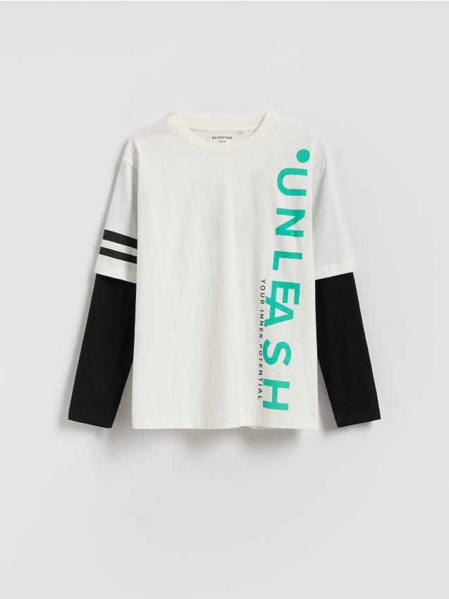 Reserved - Bawełniany longsleeve z nadrukiem - złamana biel
