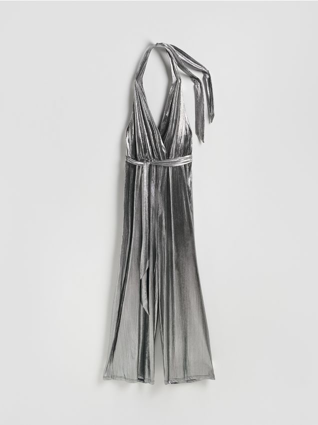 Reserved - Błyszczący kombinezon z paskiem - srebrny