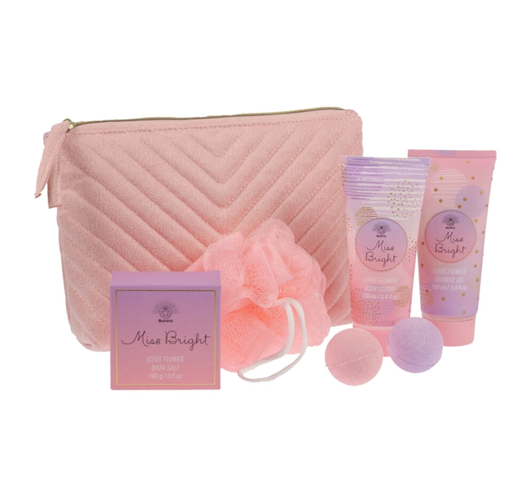 Aurora Miss Bright Lotus Flower zestaw prezentowy żel pod prysznic 100 ml + balsam do ciała 100 ml + sól do kąpieli 100 g + kule musujące do kąpieli