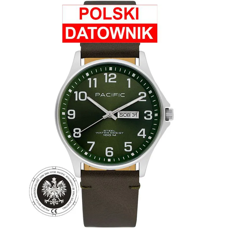 Zegarek Pacific Polska SMA-1073D-04 zielony męski zegarek z orłem i polskim datownikiem
