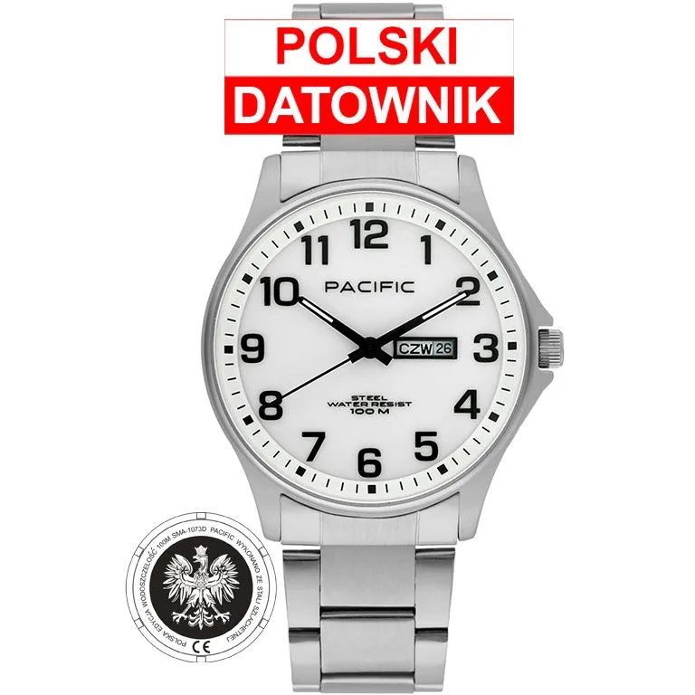 Zegarek Pacific Polska SMB-1073D-01 srebrny męski zegarek z orłem i polskim datownikiem