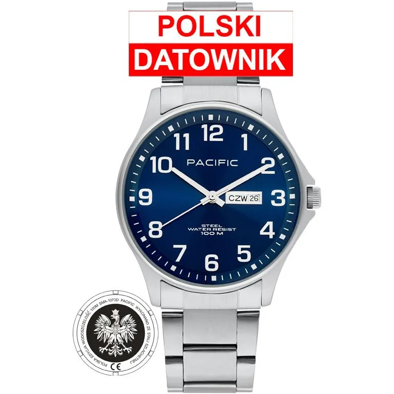 Pacific Polska SMB-1073D-03 srebrno-niebieski męski zegarek i polskim datownikiem