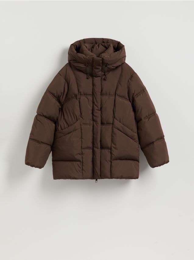 Reserved - Pikowana kurtka z kapturem - ciemnobrązowy