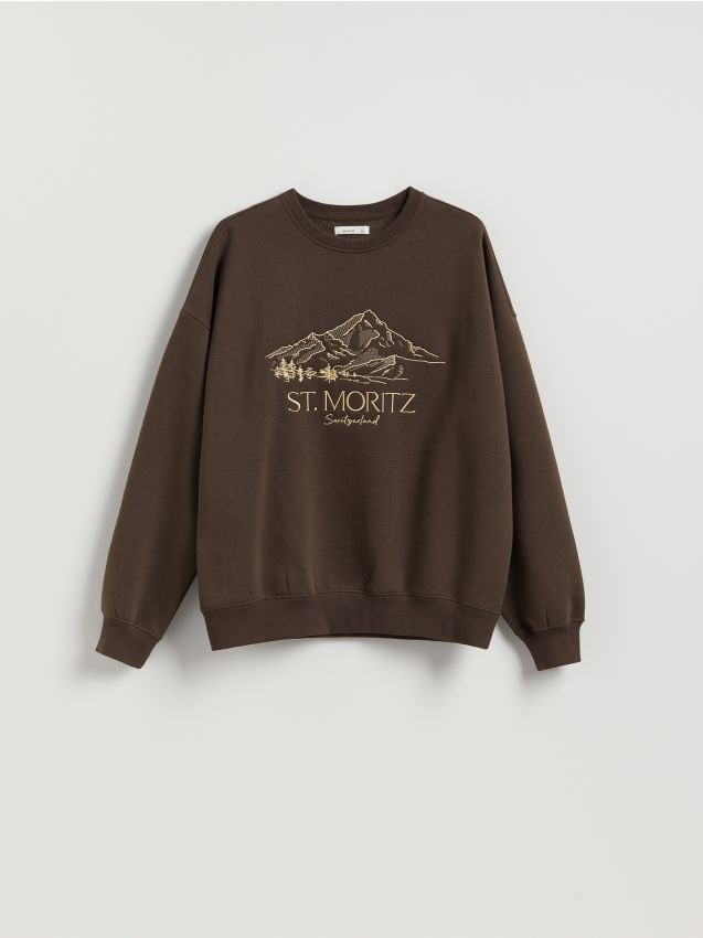 Reserved - Bluza z haftem - ciemnobrązowy