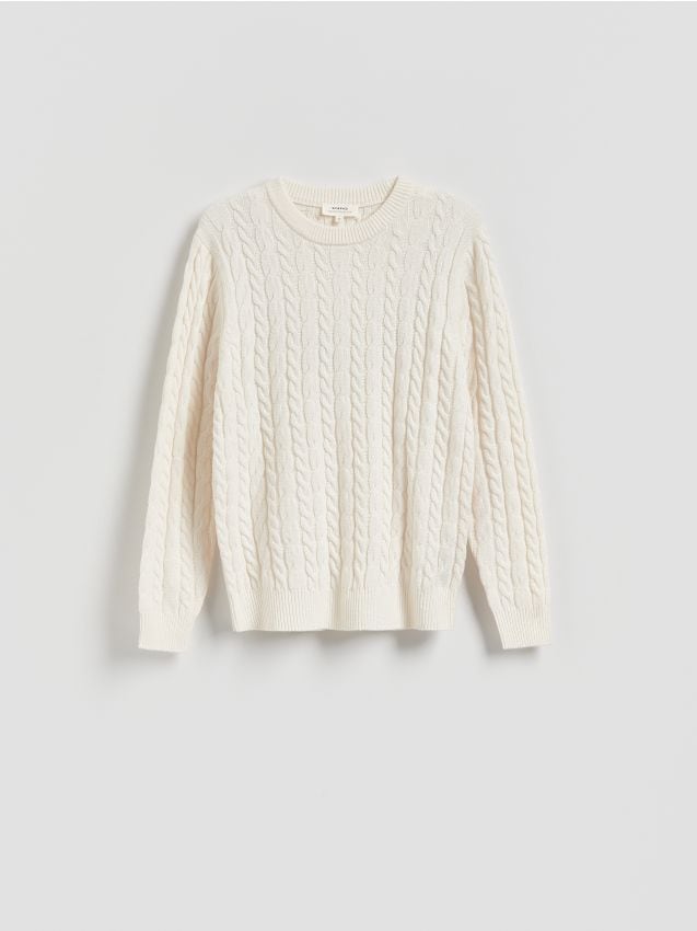 Reserved - Wełniany sweter o warkoczowym splocie - złamana biel