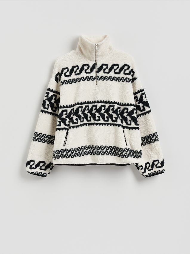 Reserved - Bluza sherpa ze stójką - złamana biel