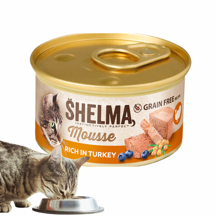 Mus dla dorosłych kotów bogaty w indyka z jagodą i rokitnikiem Shelma 85 g