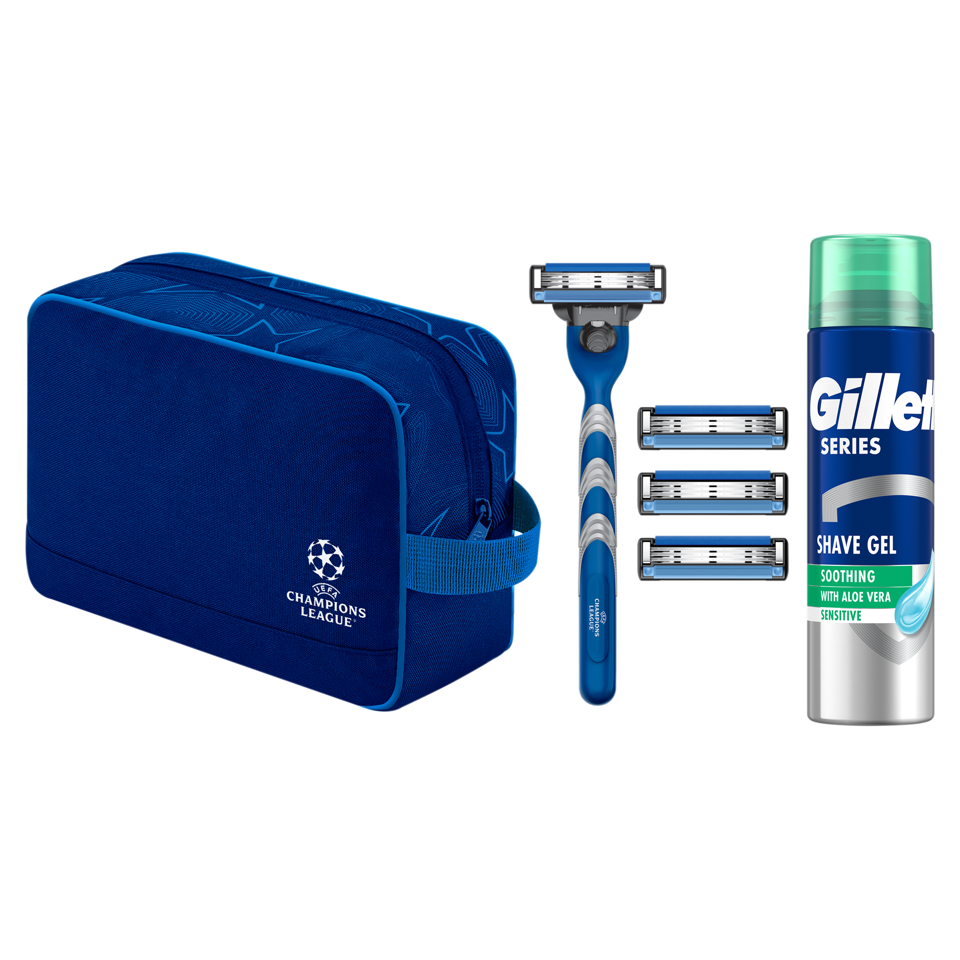 Zestaw Gillette Mach 3, maszynka, 1 sztuka + ostrza, 4 sztuki + żel do golenia, 200 ml + kosmetyczka