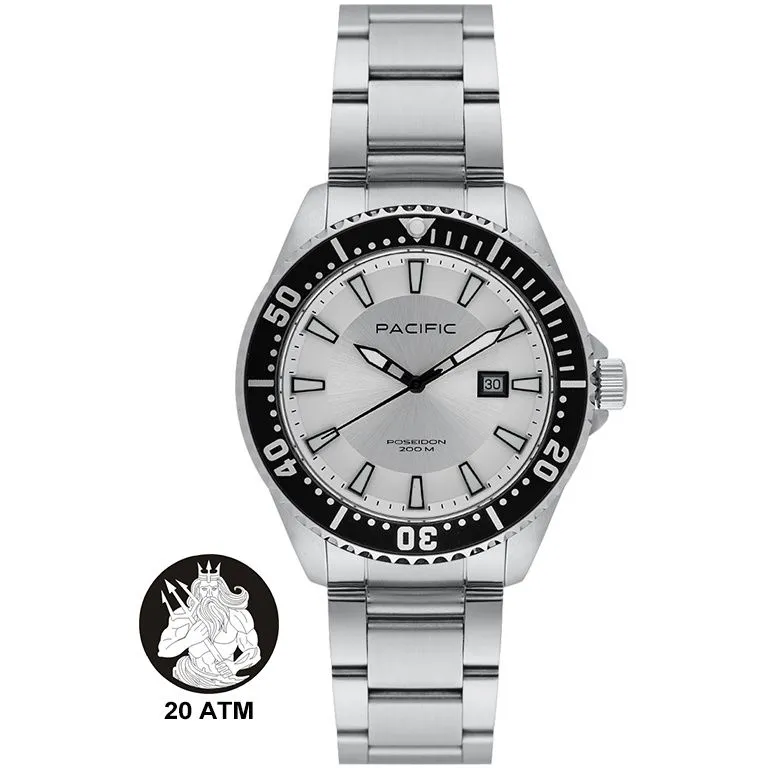 Pacific Poseidon SMPB-2001-06 srebrny męski zegarek na bransolecie wodoodporny 200M